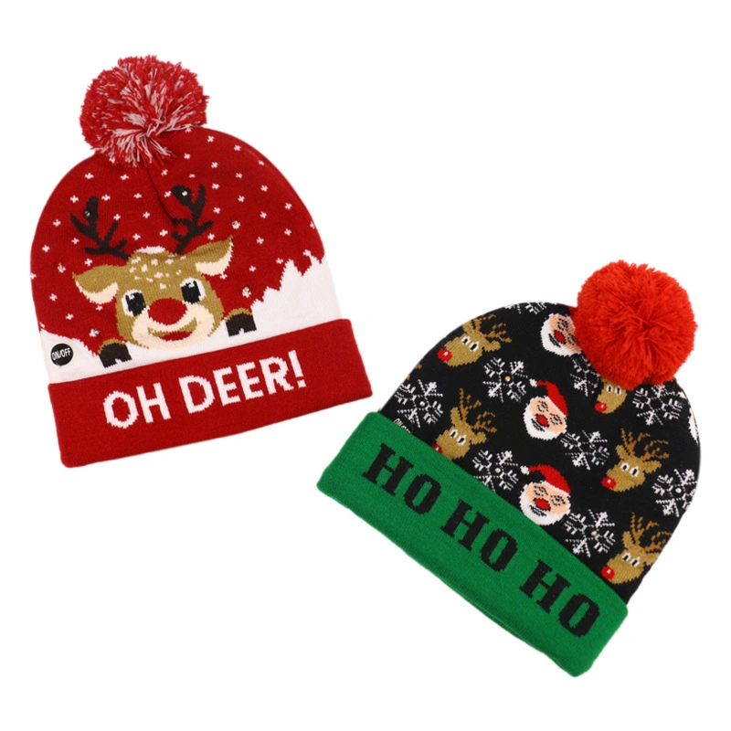 Christmas Style LED Pompoms Cute Deer Pattern Knitted Beanie Hat for Winter