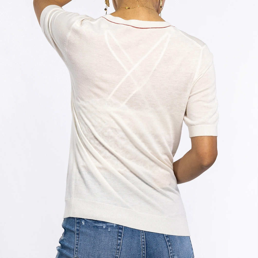 Round Neck White Embroidered Soft Knitwear Lightweight Short Sleeve Sweater Women Tops