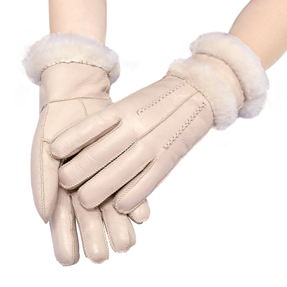 Genuine Winter Lamb Fur Lined Sheepskin Wool Lining Leather Gloves