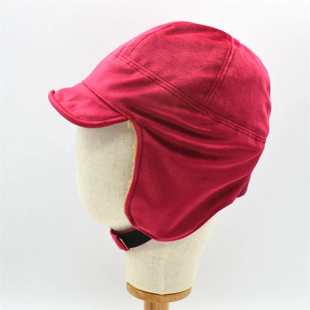 Red Color Winter Season Polar Fleece Wholesale Customized Earflaps Ear Cover Protection Adult Hat Cap with Adjustable Velcro