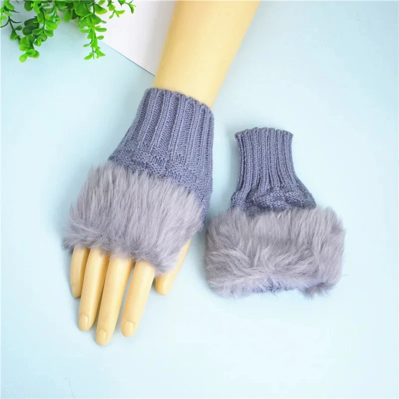 Women Arm Crochet Knitting Faux Wool Mitten Warm Fingerless Gloves