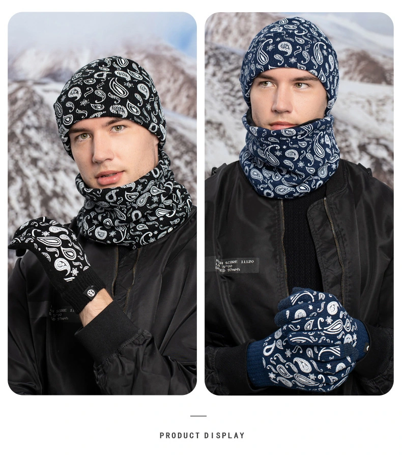 Winter Fashion Unisex Knitted Paisley Color Printed Gloves Scarf Hat Suit