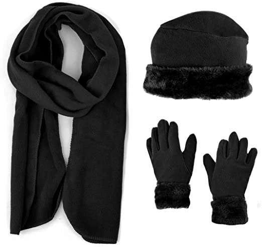 Warm Fleece Winter Hat and Glove Set Hats Gloves Black Scarves