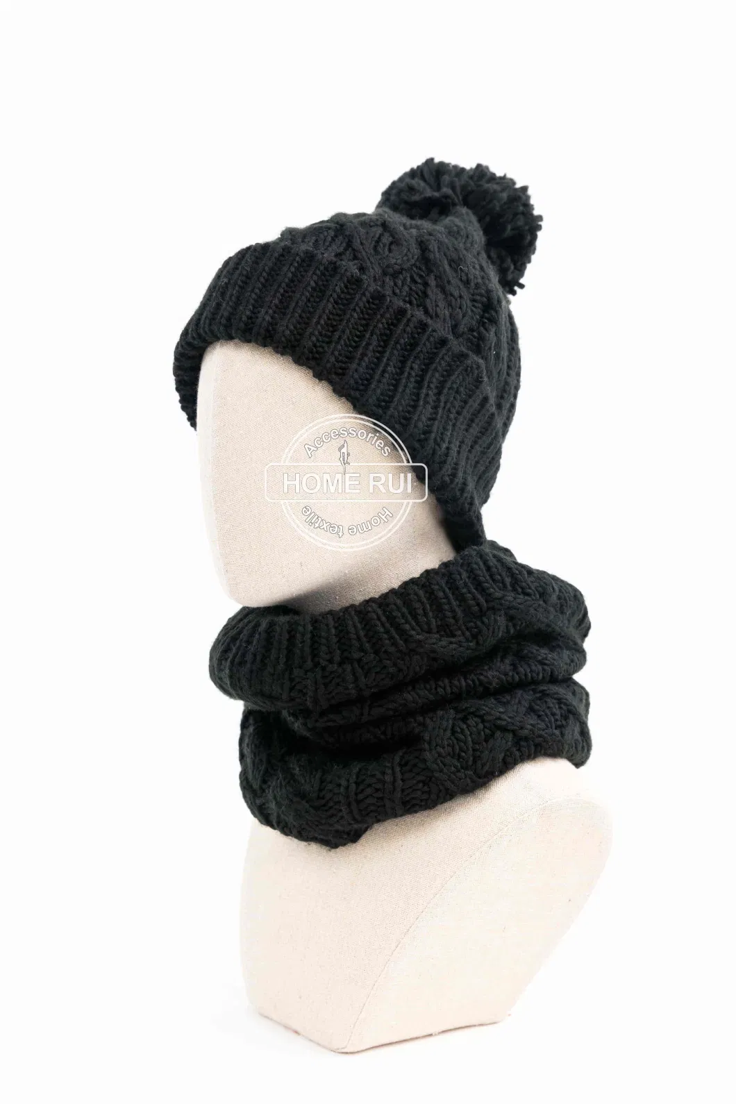 Unisex Women Men Beanie Scarf Winter Sets Cross Knit Cable Design POM Hats Caps Neck Warmer Fleece Two Layers Snood Hat Bonnet