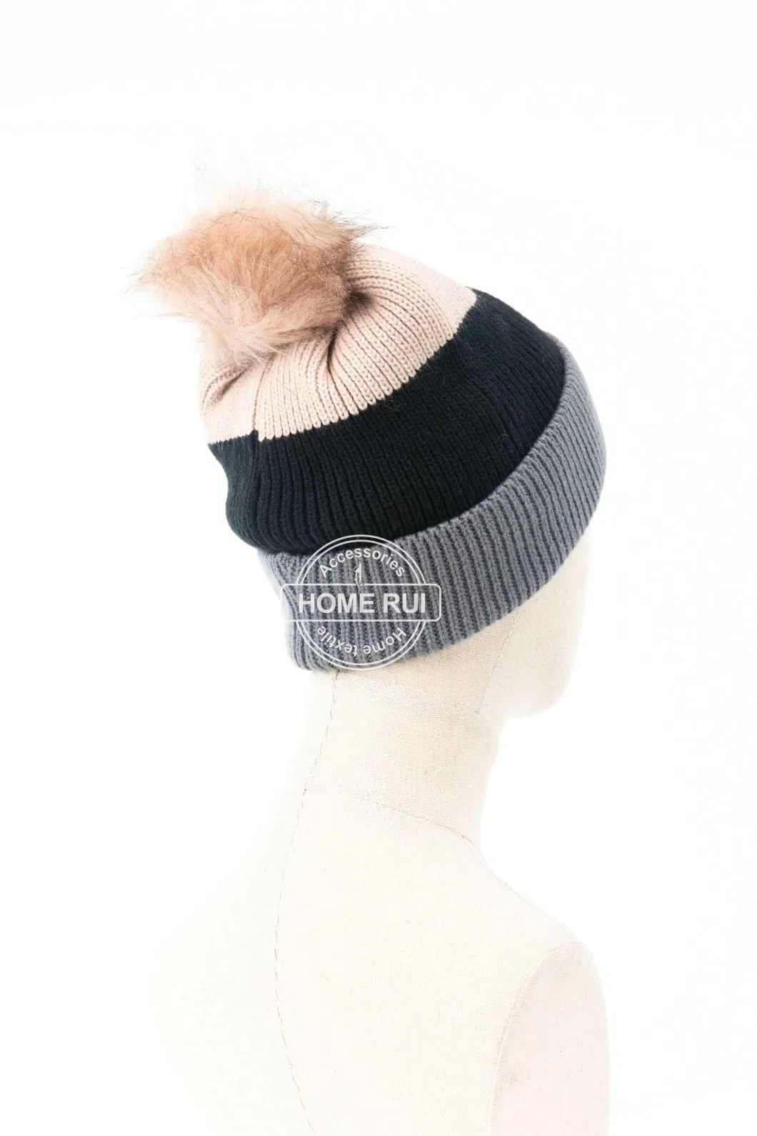 Women Warm Soft Rayon Grey Black Pink Blended Mixed Colour Fur Pompom Knitted Striped Colour Block Bonnet Casual Hat Beanie