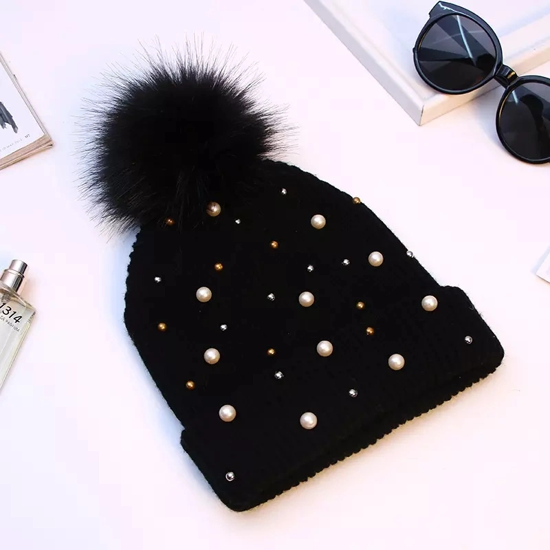 New Women Beanie Curl Cap Winter Fashion Knitted Thick Woolen Caps Winter Ball Puff Ball Hats Beanie Cap Wholesale