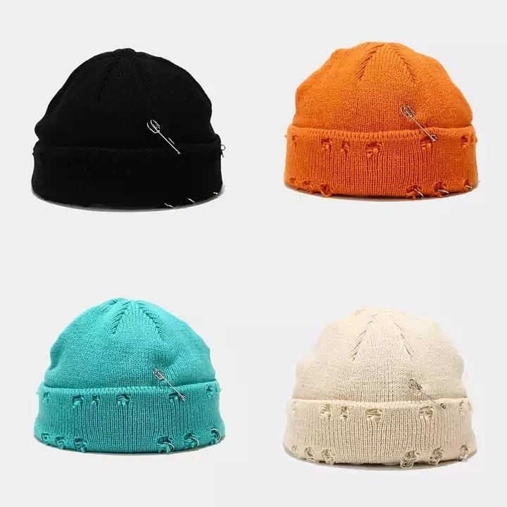 High Quality Warm Knitted Hip Hop Melon Landlord Hat Distressed Skull Pin Beanies Hat