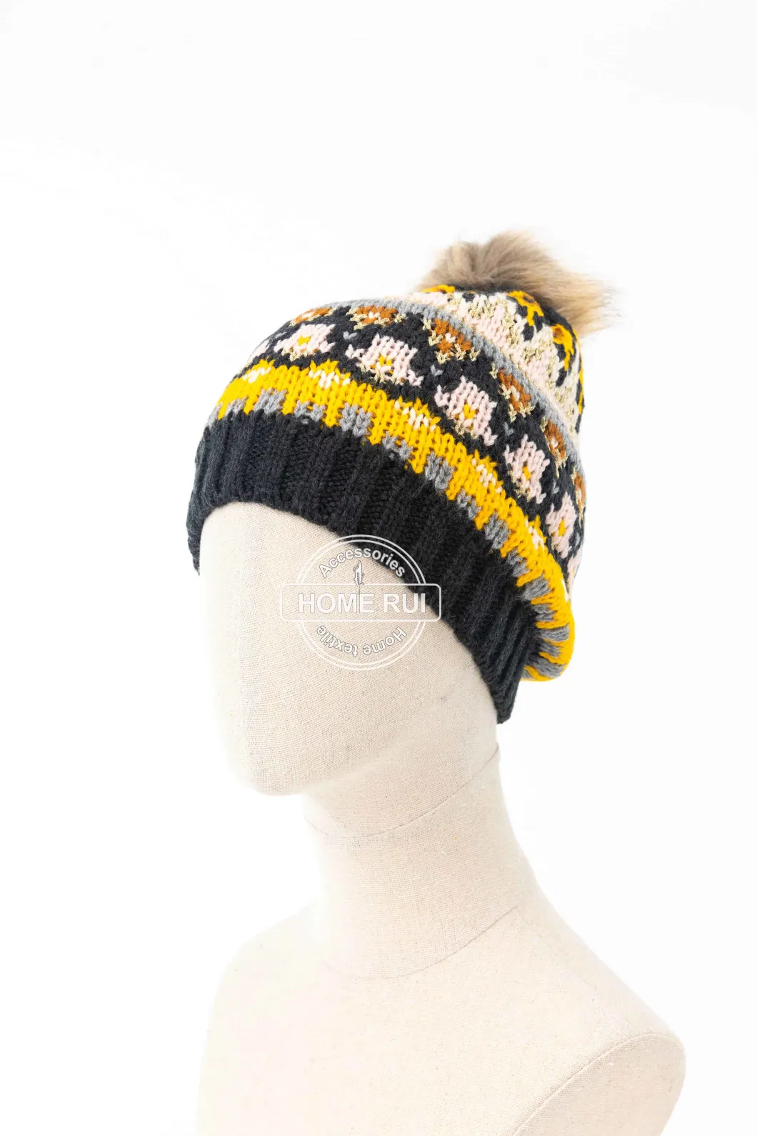 Women Warm Soft Acrylic Yellow Blended Mixed Colour Fur Pompom Faire Iland Jacquard Design Bonnet Casual Hat Beanie