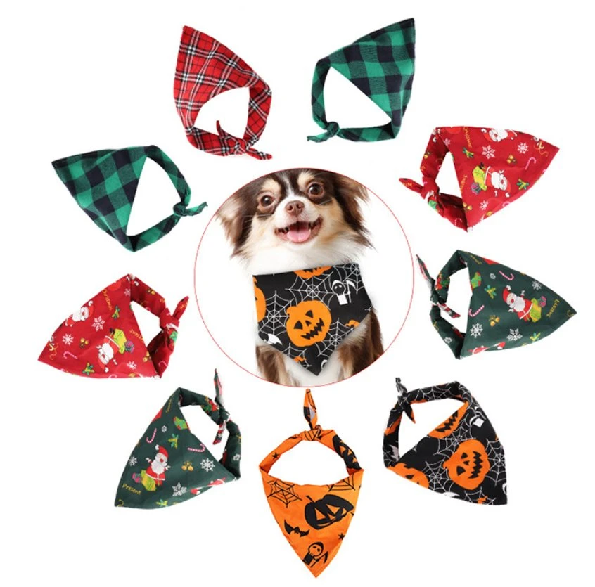 High Quality Custom Fashion Christmas Halloween Printed Logo Soft Adjustable Breathable Triangular Towel Pet Bandana Scarf for Dog Cat
