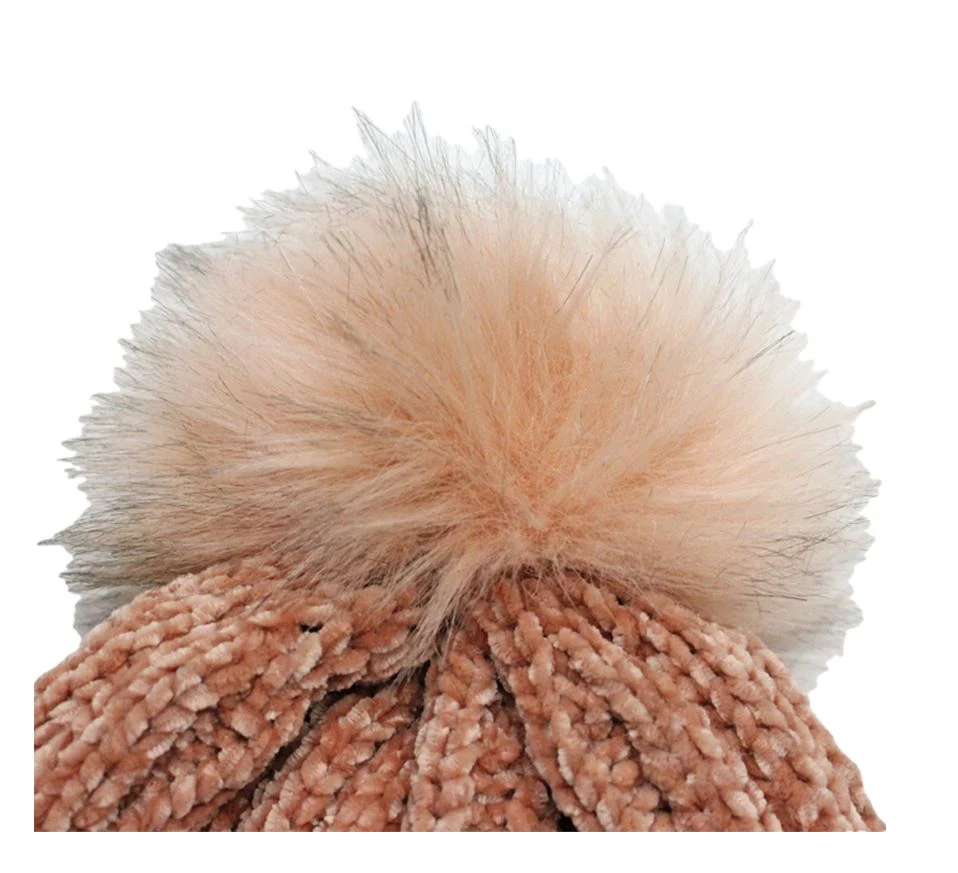 Faux Fur Pompom Chenille Cable Knitting Super Warm and Soft Beanie Hat