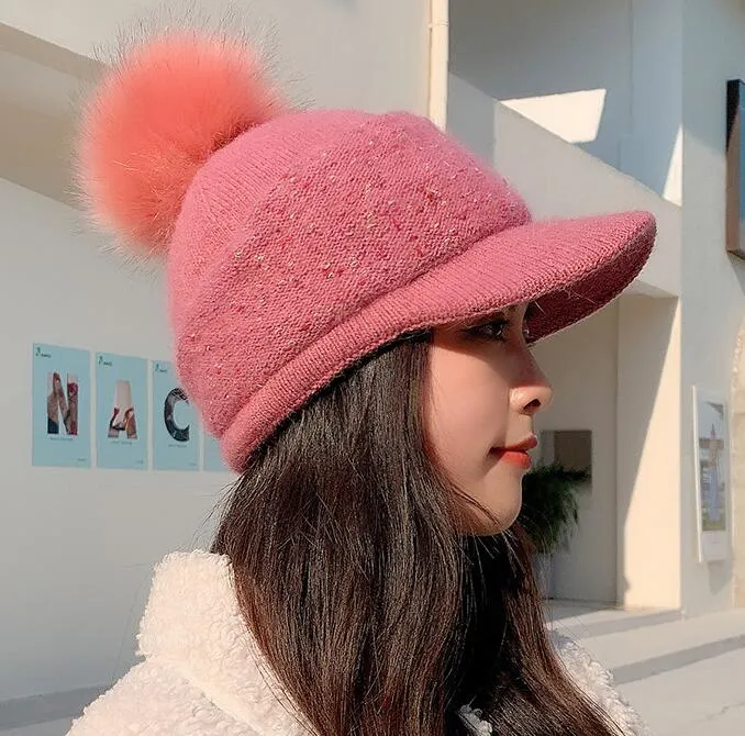 Women&prime;s Winter Knitted Warm Baseball Hat Cute POM POM Rabbit Hair Beanie Hat