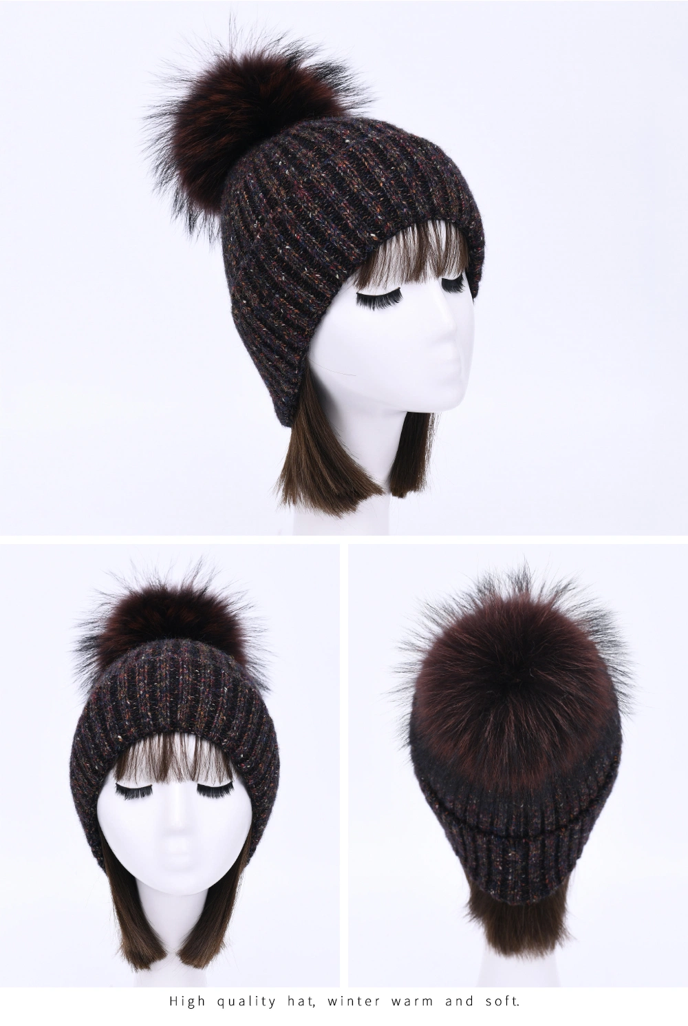 Custom Striped Luxury Winter Hats Women Real Fur Ball Skully Ski Cuffed Warm Thick Wholesale Wool Knitted Women Beanie Hats POM
