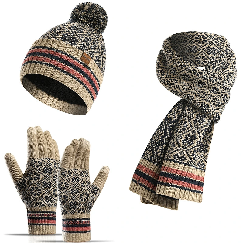 China Factory OEM Custom Design Jacquard Embroidery Winter Knitted Beanie Hat Scarf Gloves Set