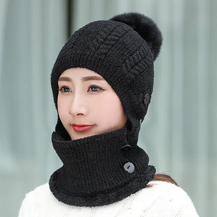 Hot Sale Autumn Winter Women Warm Wool Knit Hat and Scarf Set Knitted Beanies Pompom