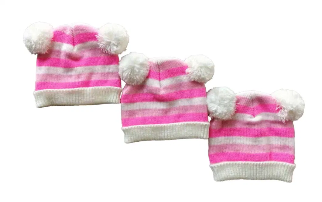 Children Toddler Pink Constrast Color Soft Knitted Hat Pompom Beanie