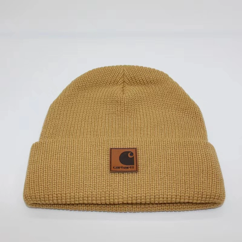 Soft Warn Leather Label Knit Cuffed Solid Beanie Hat