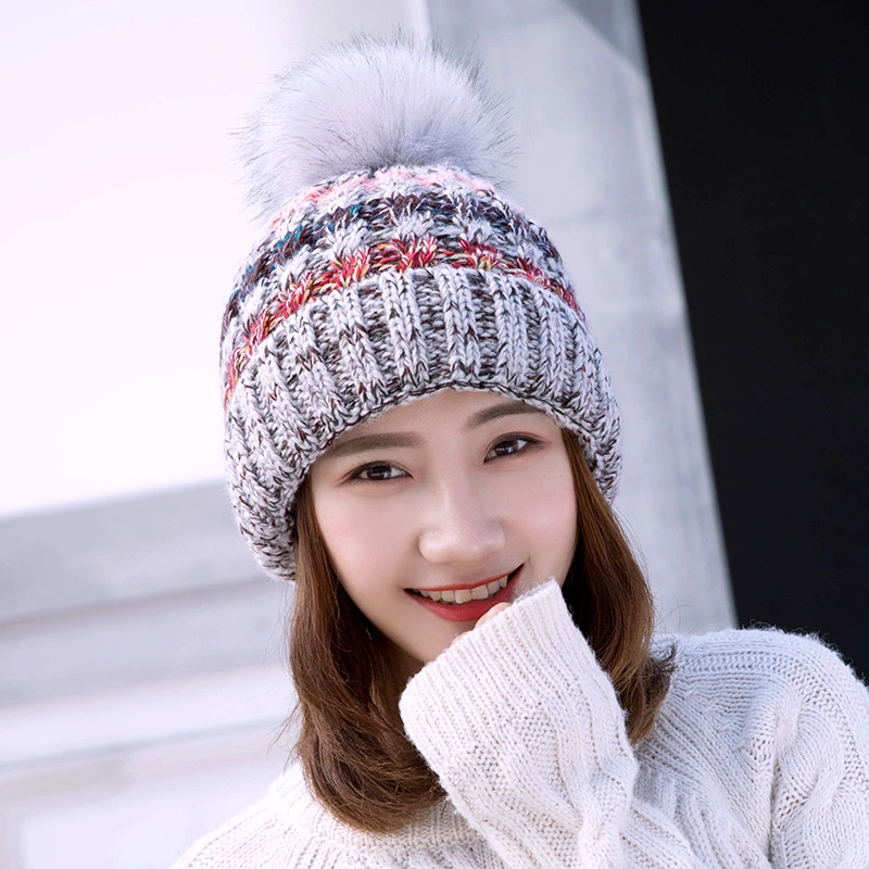 Women Custom Logo High Quality Stripe Ski Knit Hat Acrylic Jacquard Lined POM POM Beanie