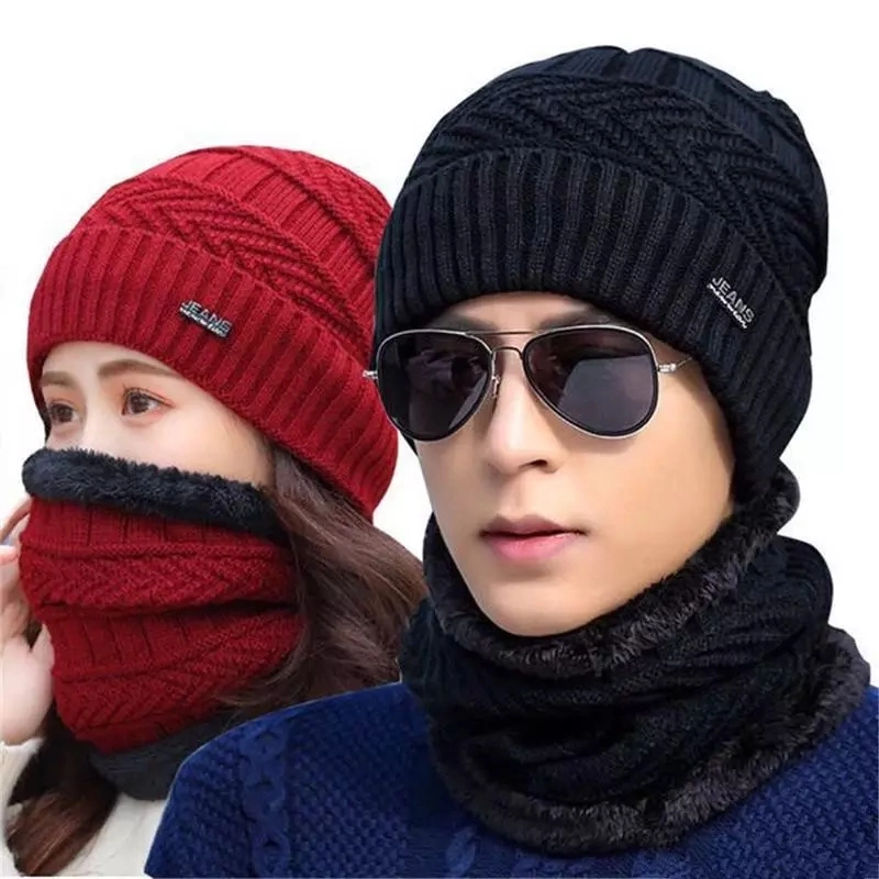 Velvet Lined Thicken Ski Skull Caps Men Kids Winter Hat Scarf Set Neck Warmer Wool Knitted Beanie Hats