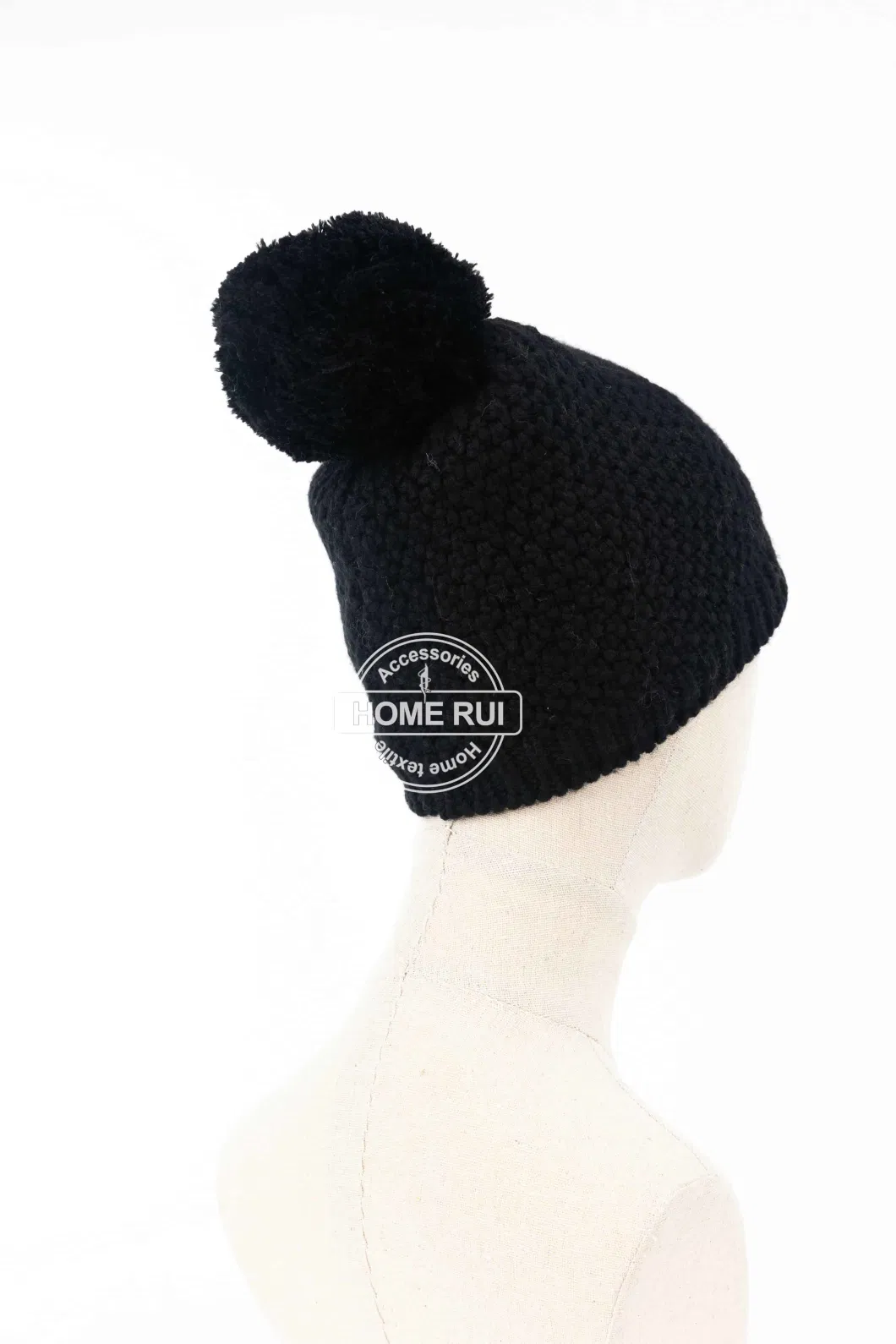 Women Warm Soft Wool Black Pompom Jacquard Knitted Basket Weave Design Bonnet Casual Hat Beanie