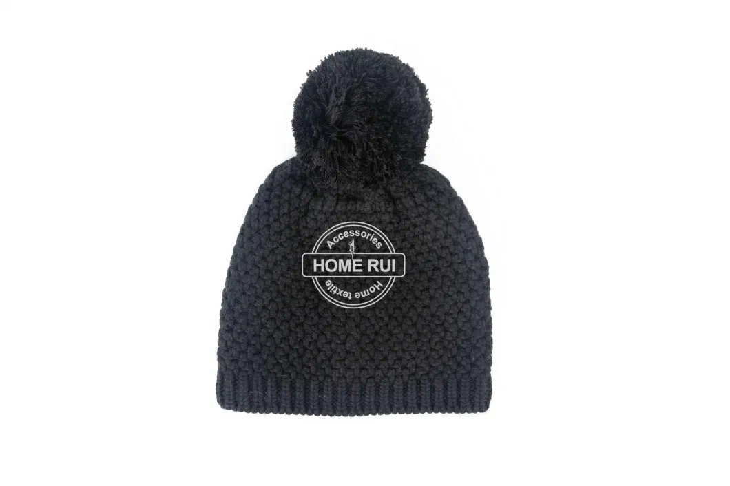 Women Warm Soft Wool Black Pompom Jacquard Knitted Basket Weave Design Bonnet Casual Hat Beanie