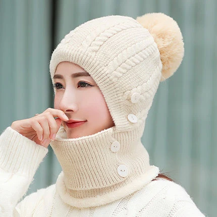 Hot Sale Autumn Winter Women Warm Wool Knit Hat and Scarf Set Knitted Beanies Pompom