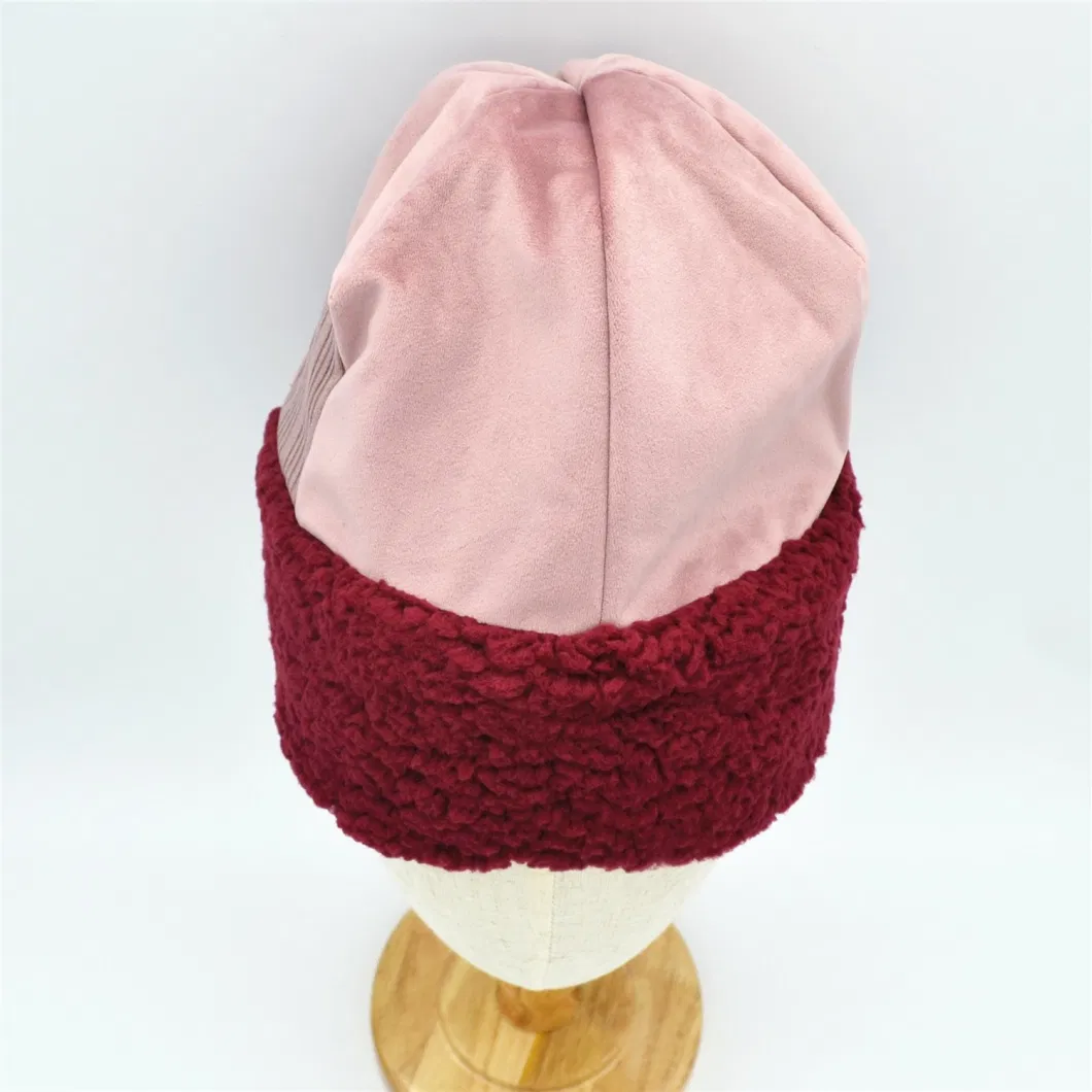 Custom Women Red Pink Color Leather-Like Polar Fleece Warm Winter Autumn Girls Beanie Hat Cap