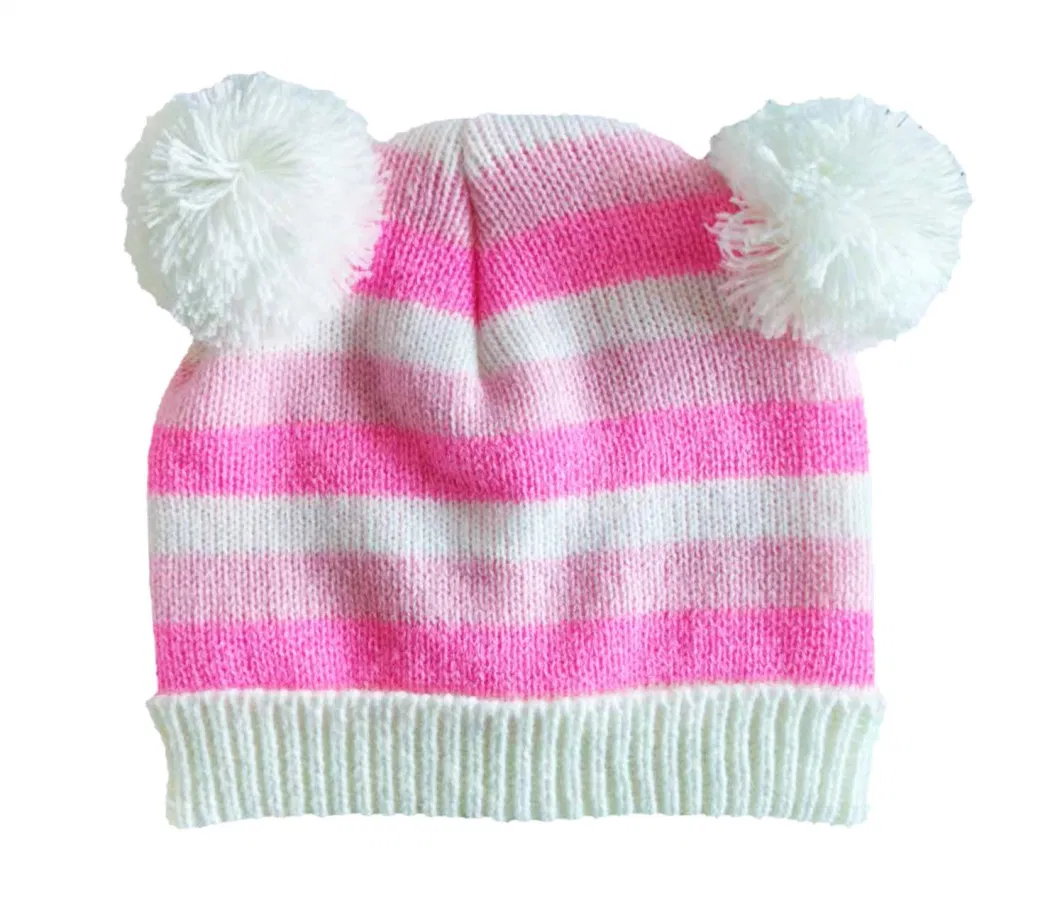 Children Toddler Pink Constrast Color Soft Knitted Hat Pompom Beanie