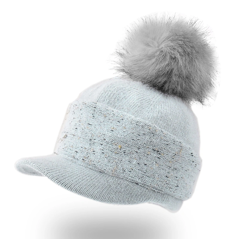 Women&prime;s Winter Knitted Warm Baseball Hat Cute POM POM Rabbit Hair Beanie Hat