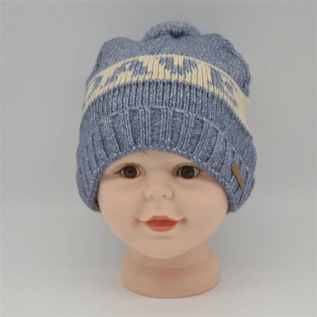 Custom Polar Fleece Polyester Light Blue and Cream-Colored Winter Autumn Knitted Beanie for Kids Children Unisex Custom Logo