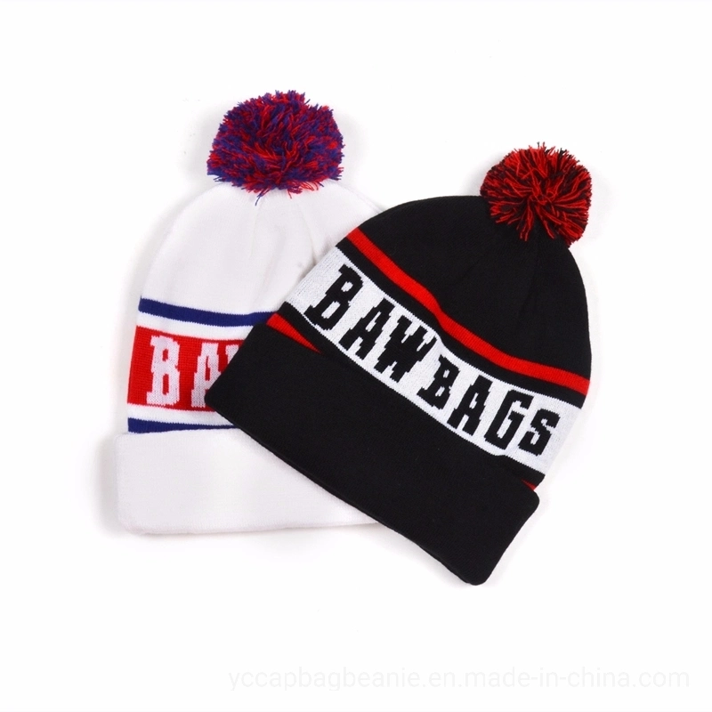 OEM Colorful Cuffed Fancy Jacquard Football Knitted Pompom Beanie Hat
