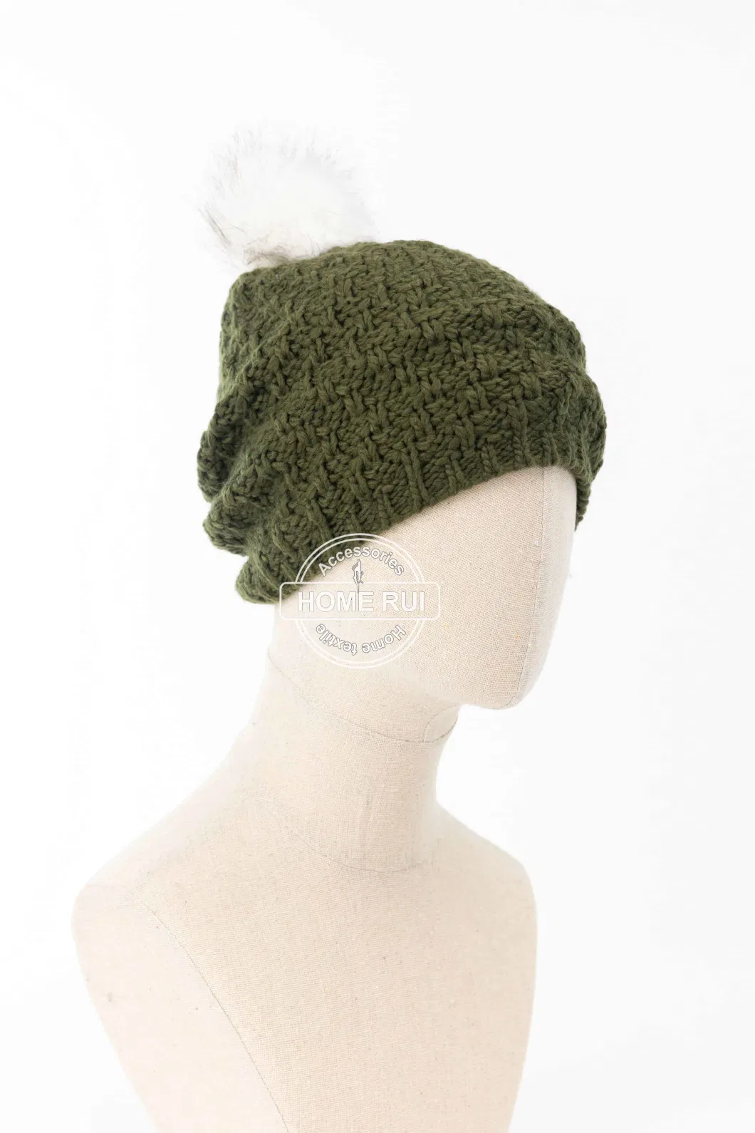 Women Warm Soft Slouchy Acrylic White Fur Pompom Olive Zigzag Knitted Jacquard Bonnet Casual Beanie Hat