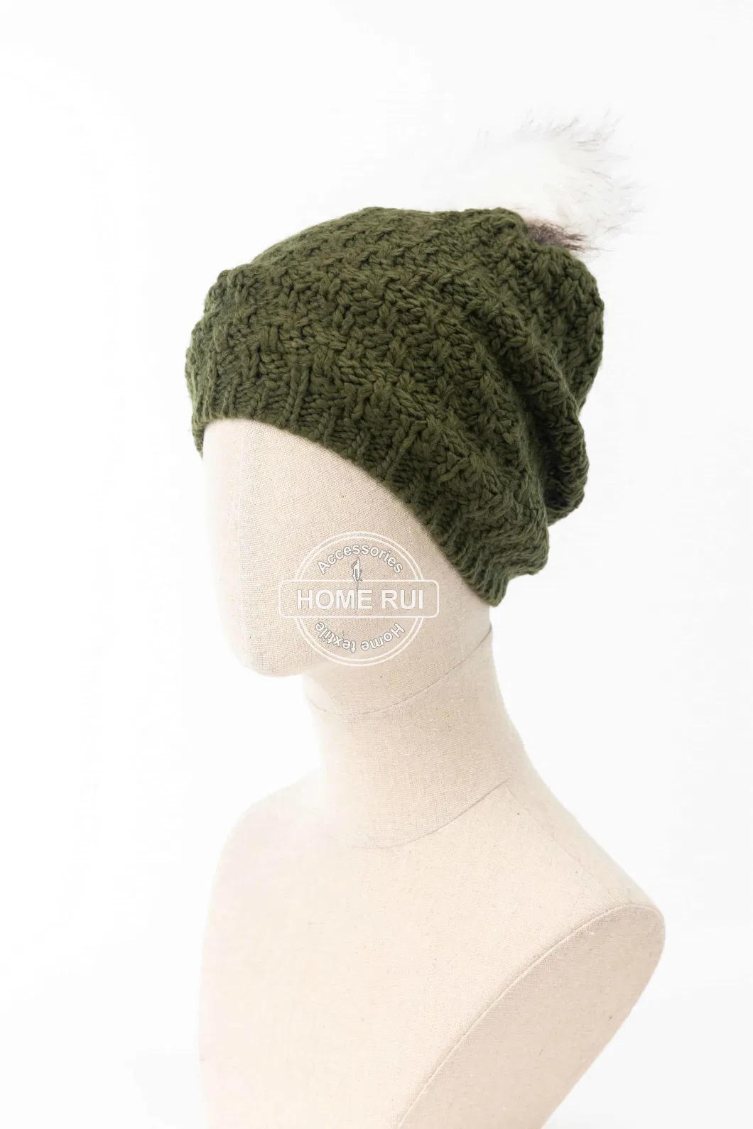 Women Warm Soft Slouchy Acrylic White Fur Pompom Olive Zigzag Knitted Jacquard Bonnet Casual Beanie Hat