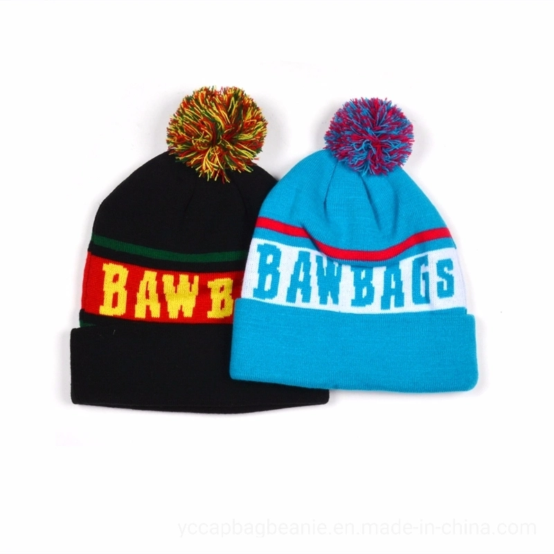 OEM Colorful Cuffed Fancy Jacquard Football Knitted Pompom Beanie Hat