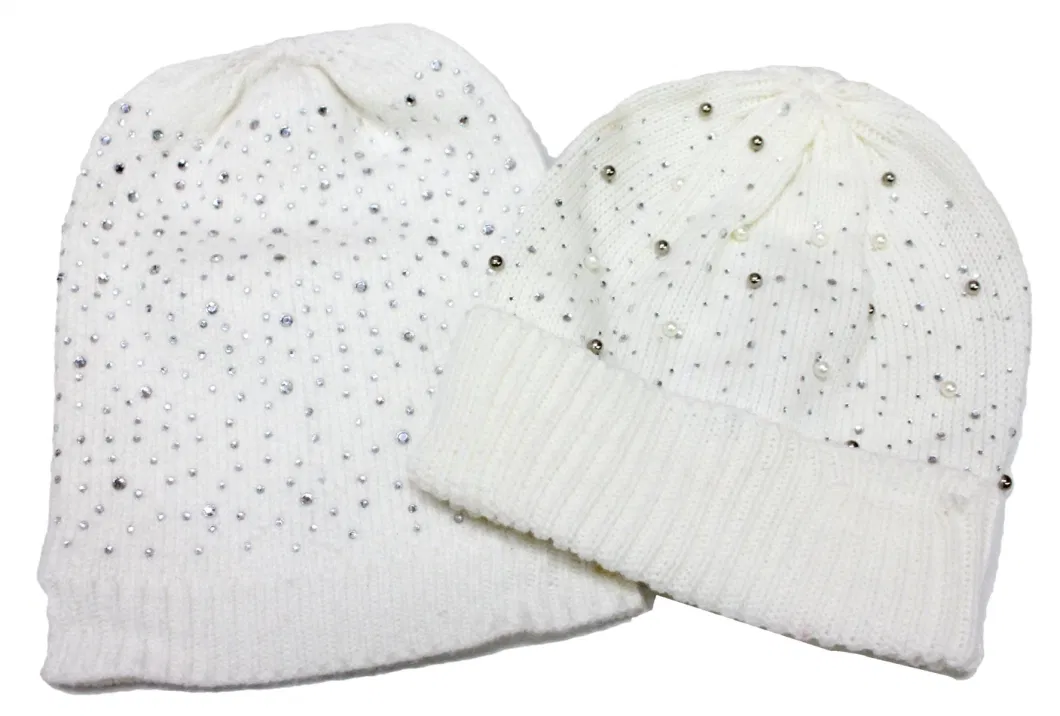 Winter 100% Acrylic Knitting Hat White Beige Color with Sparkling Stone Bling Bling Diamond 2022 Winter OEM