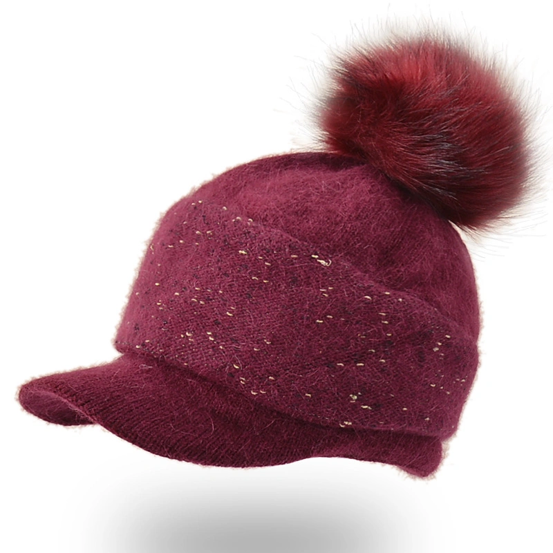 Women&prime;s Winter Knitted Warm Baseball Hat Cute POM POM Rabbit Hair Beanie Hat