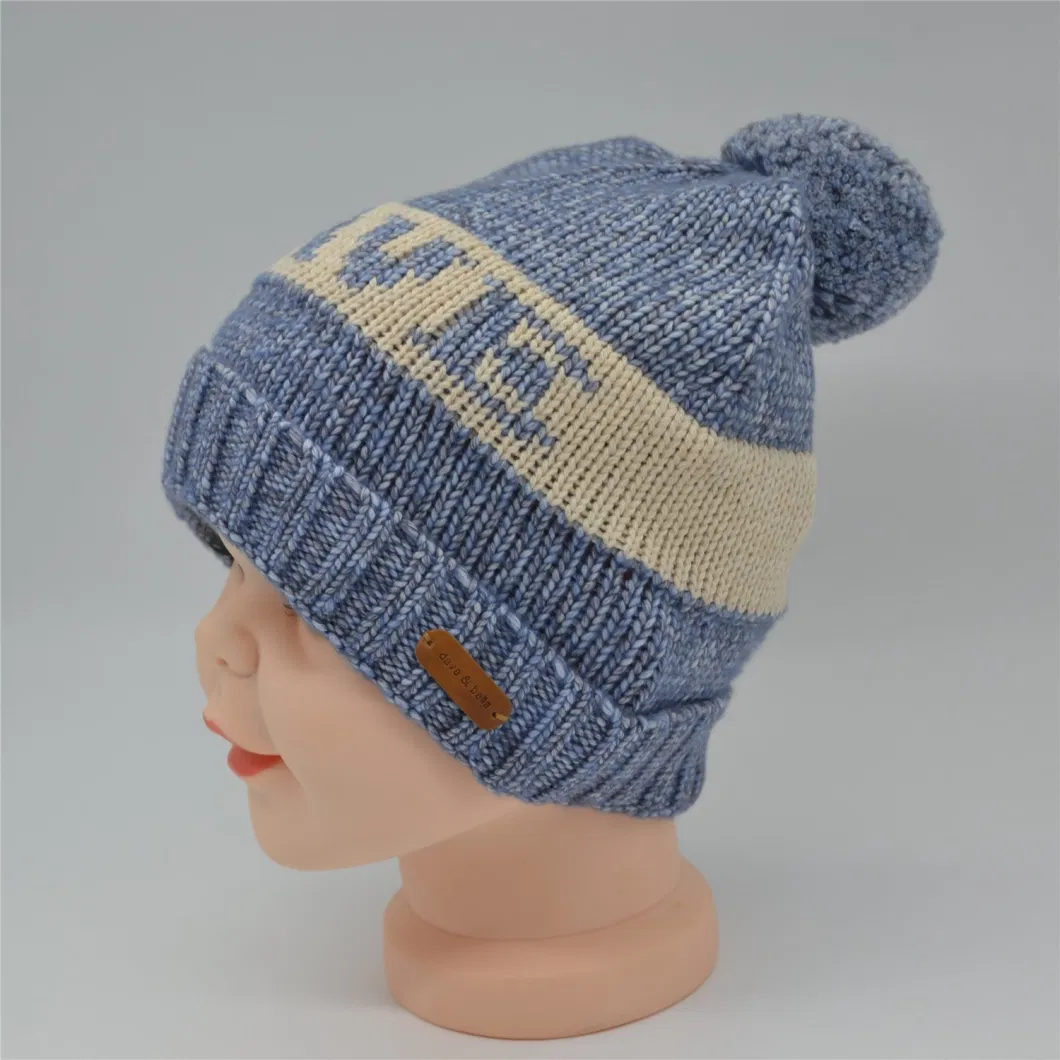 Custom Polar Fleece Polyester Light Blue and Cream-Colored Winter Autumn Knitted Beanie for Kids Children Unisex Custom Logo