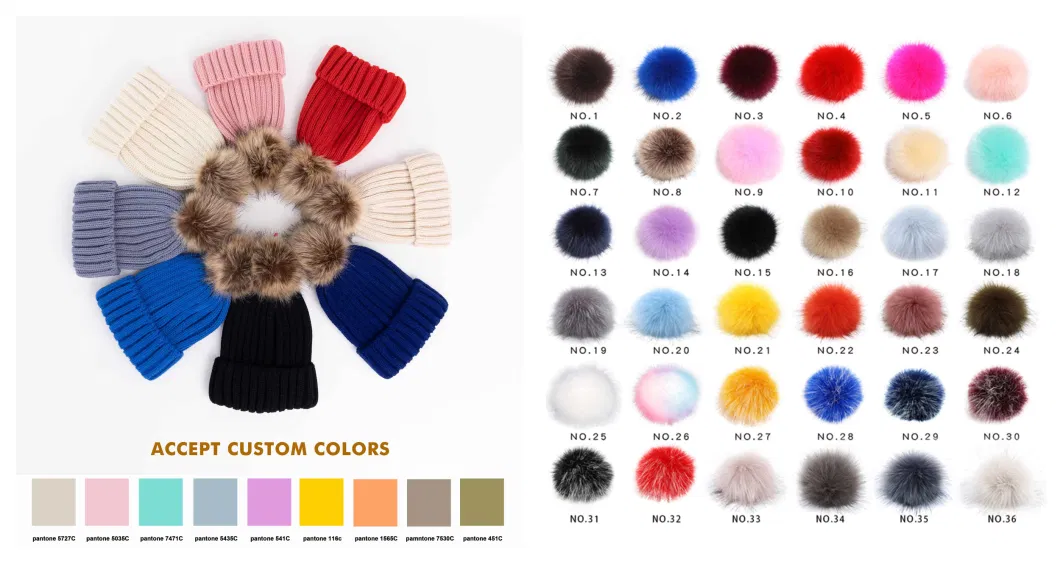 Winter Ribbed Chunky Slouchy Skull Faux Fur POM POM Knitted Cuffed Custom Embroidered Logo Beanie Hat