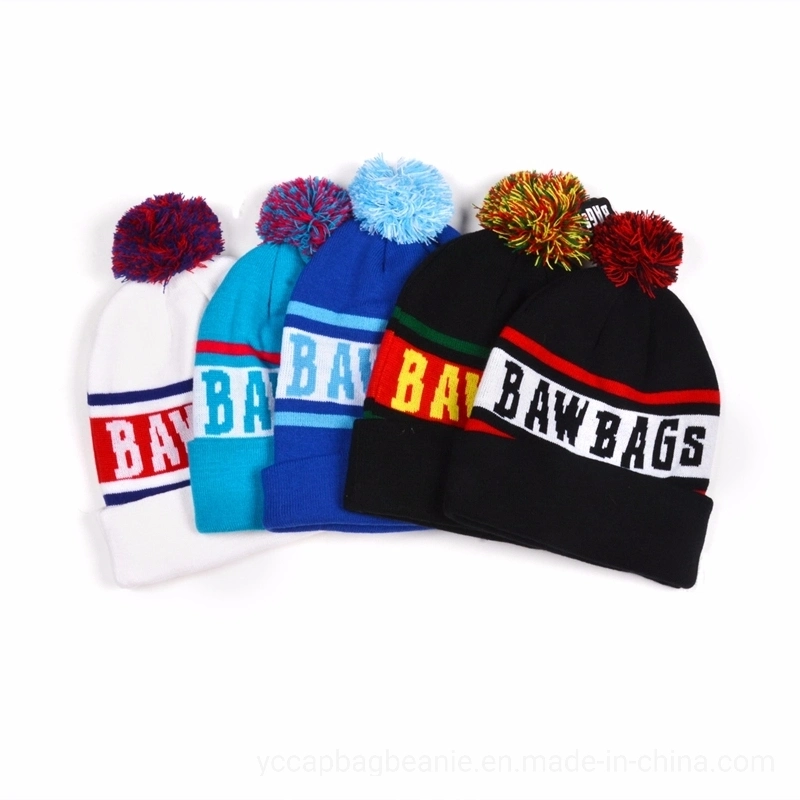 OEM Colorful Cuffed Fancy Jacquard Football Knitted Pompom Beanie Hat