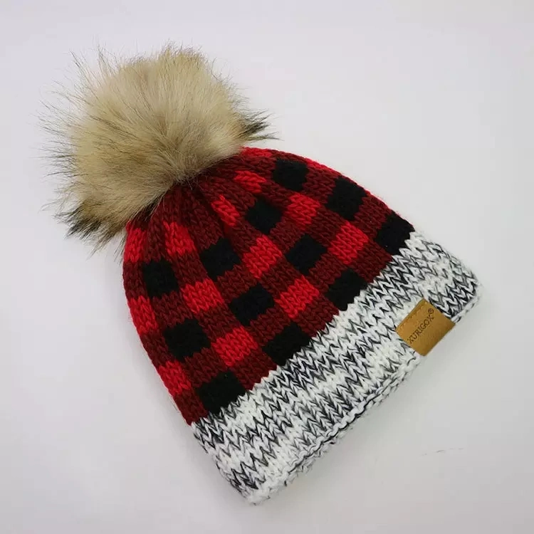 Womens Fashion Fleece Lined Faux Fur POM POM Buffalo Plaid Acrylic Chunky Knit Beanie Winter Hat and Funky Gloves Mittens Set