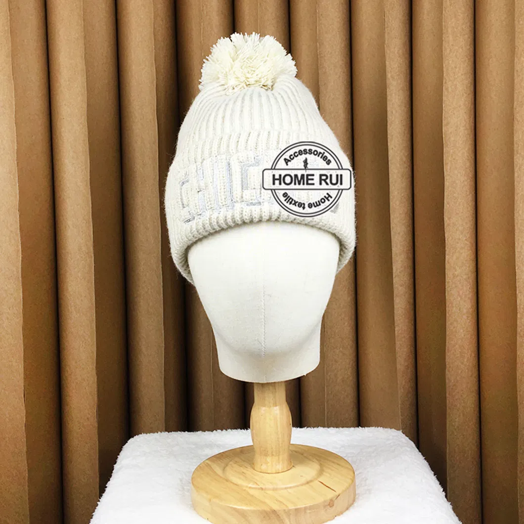 Manufacturers Custom Logo Women Beanies with POM POM Embroidery Character Patch Cuffed Knitted Hats Ribbed Chunky Knit Caps