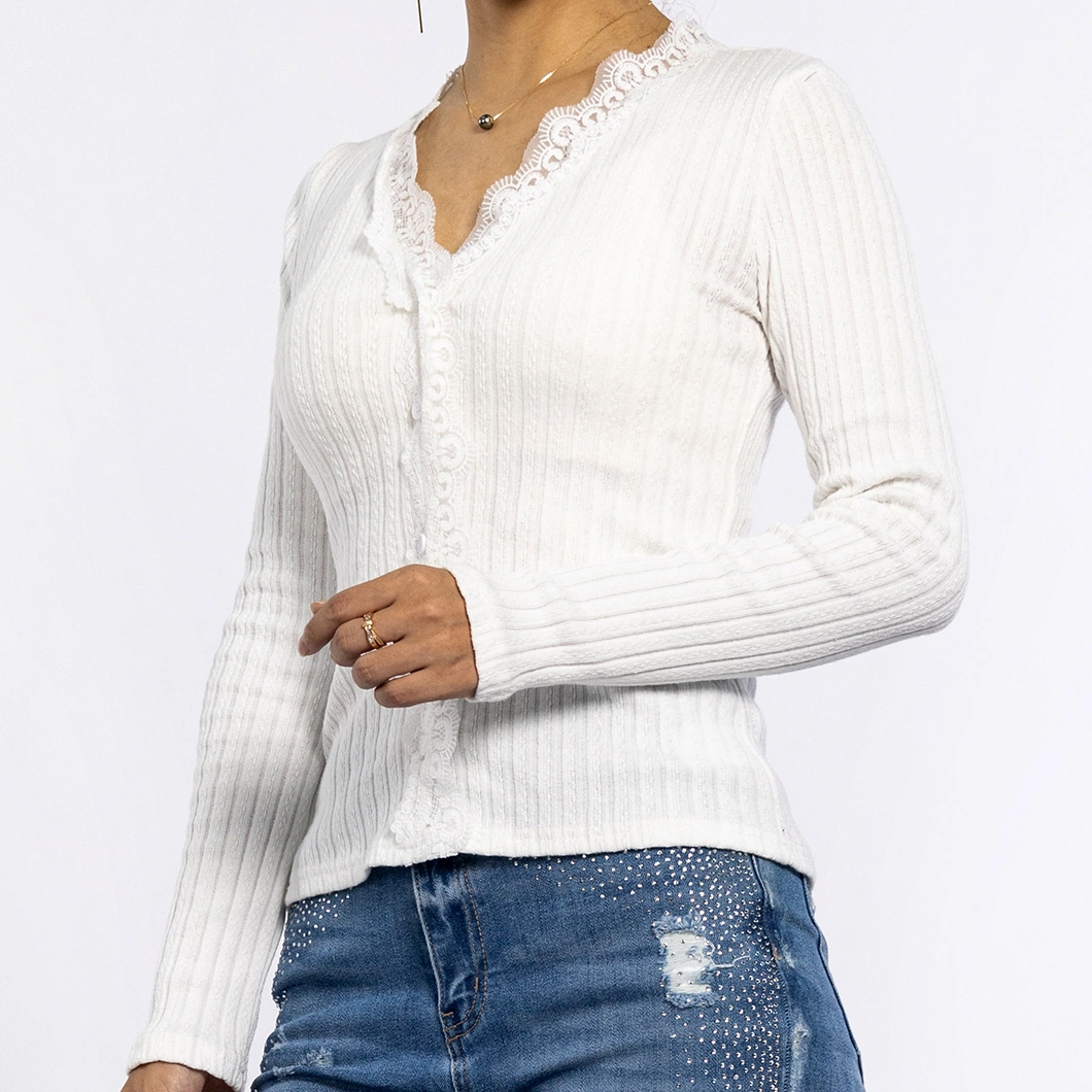 Autumn Long Sleeved Lace V-Neck Button Knitwear Ladies Knitted White Sweaters Women Tops