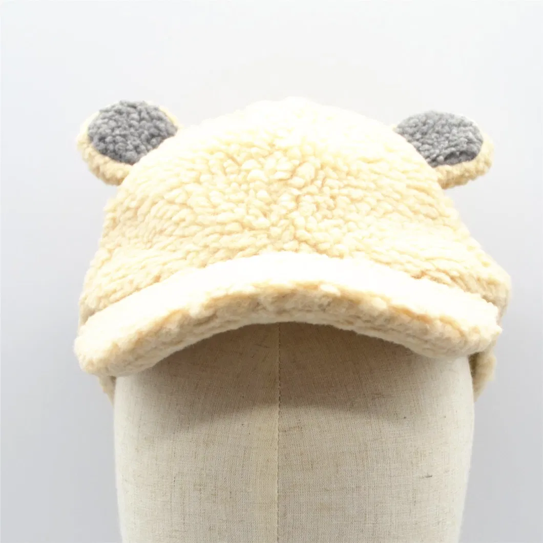 Custom Autumn Fall Warm Winter Thickened Polar Fleece 100% Cotton Lining Cream-Colored Grey Bear&prime;s Ears Hat Cap for Kid Children Young Boys and Girls