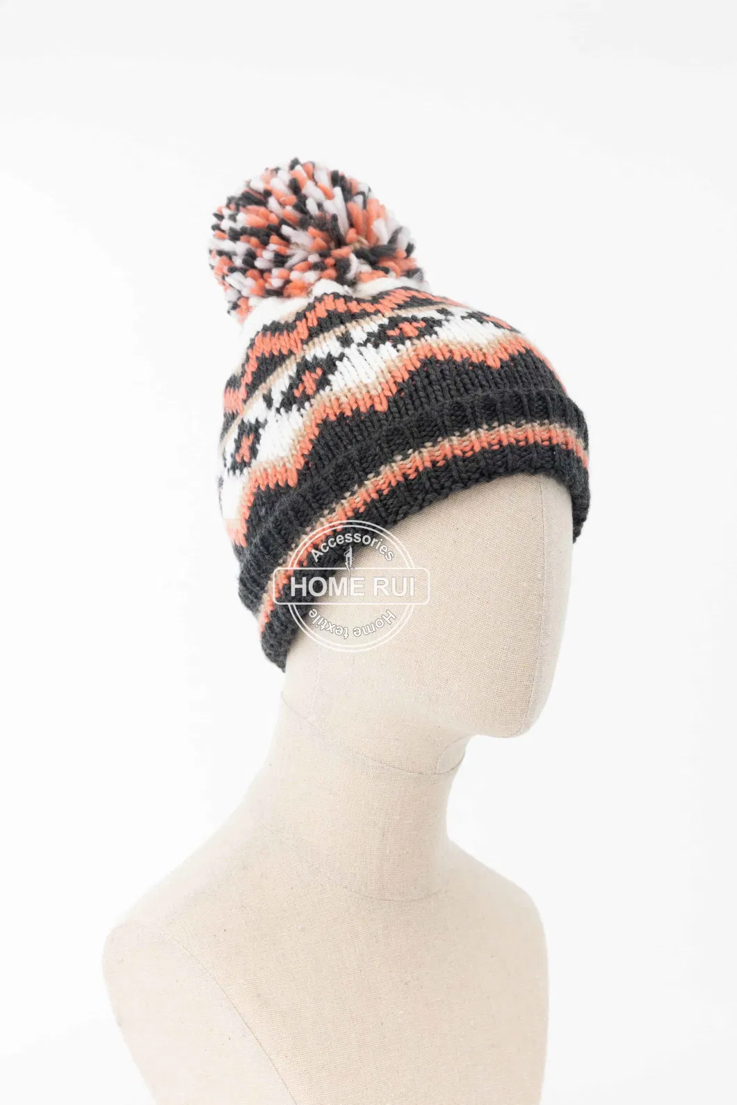 Women Warm Soft Slouchy Acrylic Fold Edge Orange White Charcoal Pompom Faire Iland Jacquard Bonnet Casual Hat Beanie