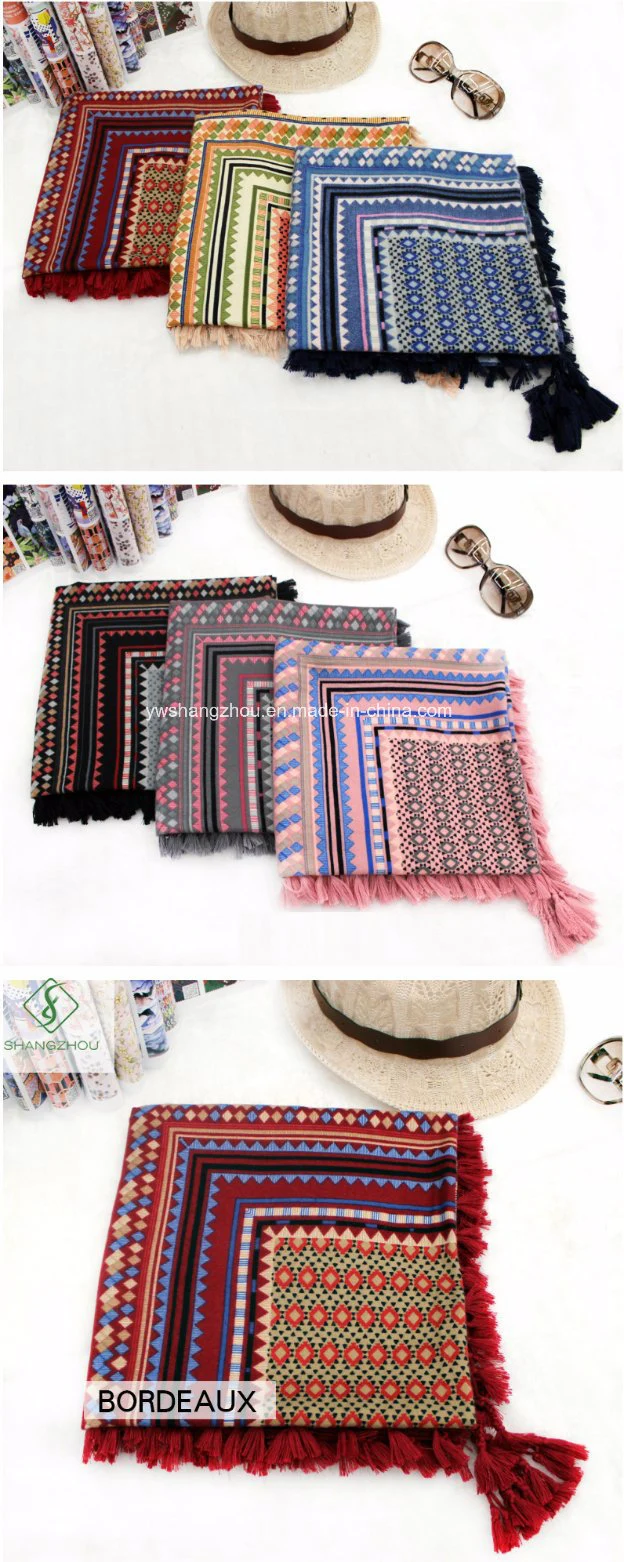 Lady Fashion Square Scarf with Tassel Printed Twill Cotton Shawl