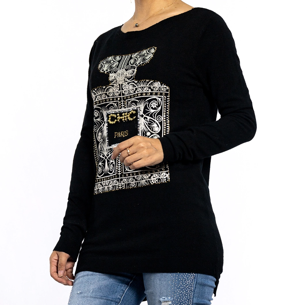 Autumn Round Neck Printed Drill Long Knitwear Pullover Black Sweaters Women Tops