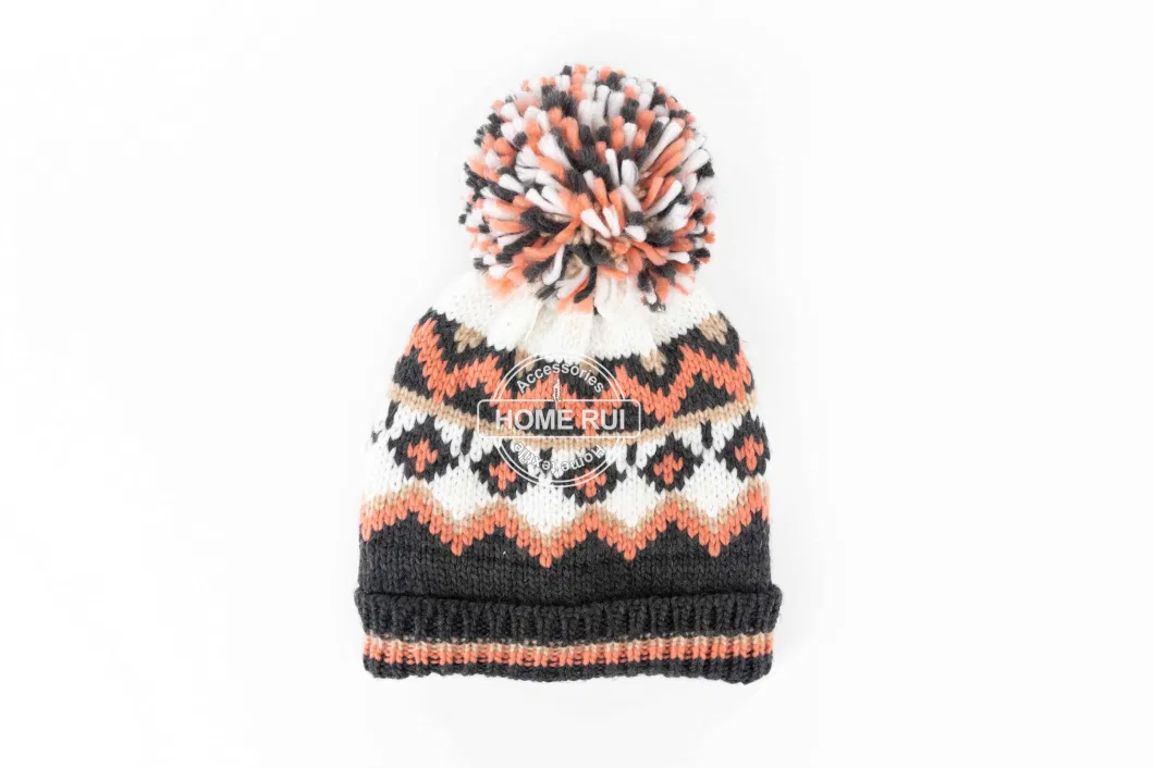 Women Warm Soft Slouchy Acrylic Fold Edge Orange White Charcoal Pompom Faire Iland Jacquard Bonnet Casual Hat Beanie