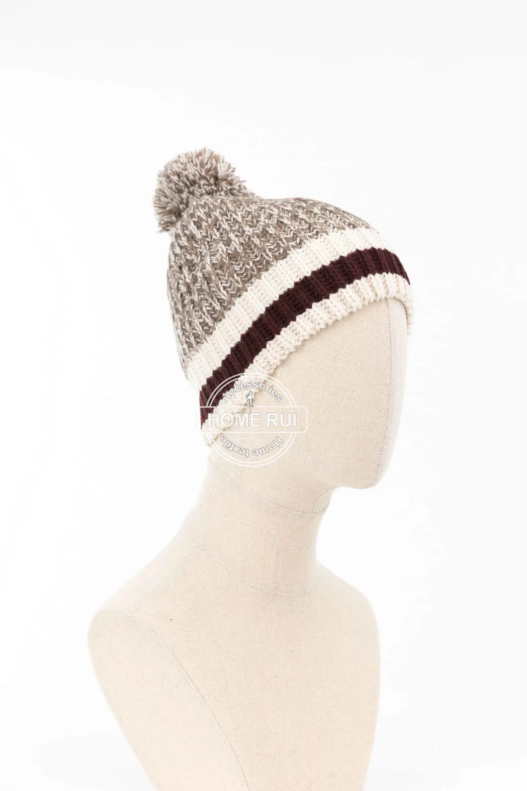 Women Warm Soft Slouchy Acrylic Brown White Pompom Blended Mixed Rib Striped Bonnet Casual Hat Beanie