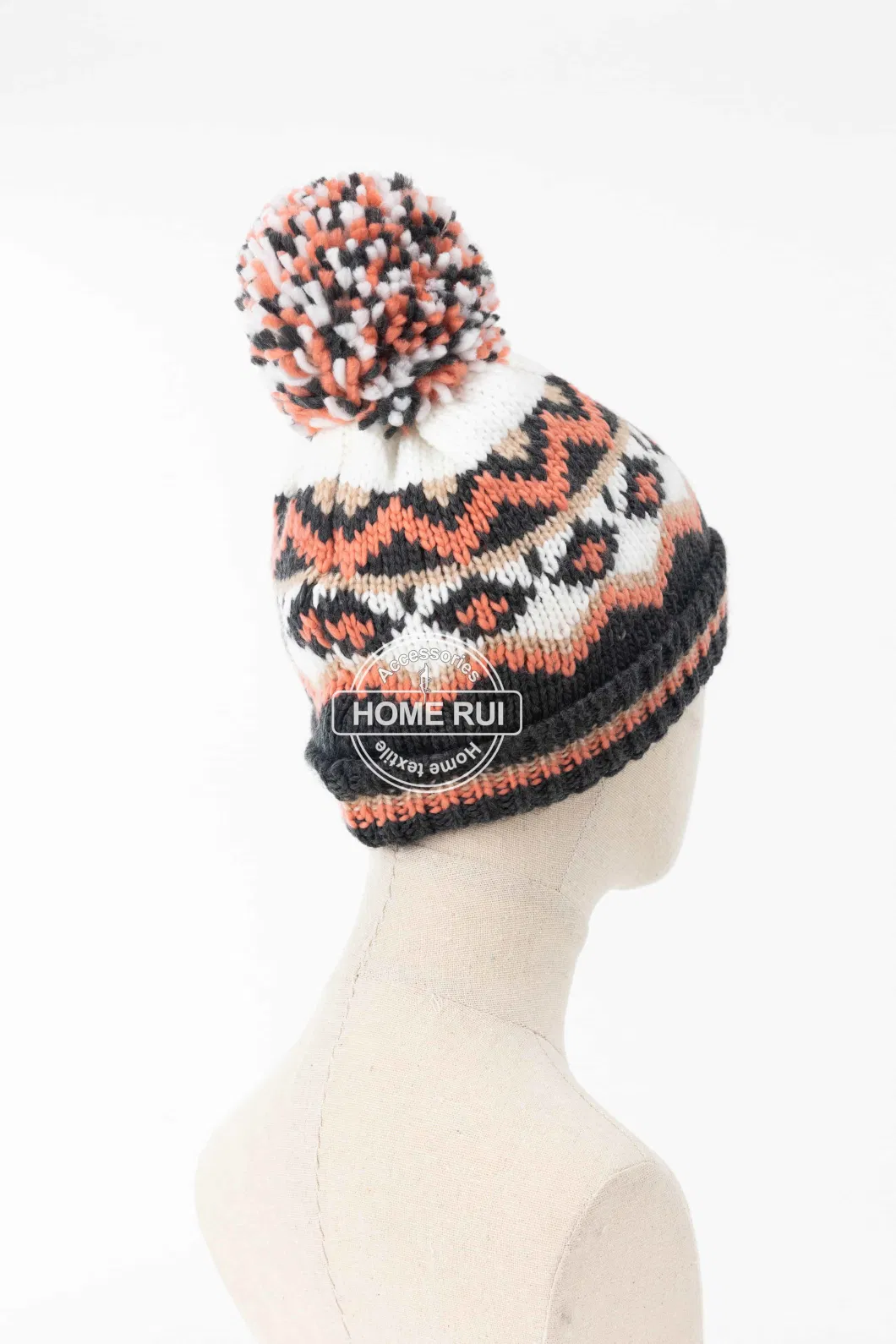 Women Warm Soft Slouchy Acrylic Fold Edge Orange White Charcoal Pompom Faire Iland Jacquard Bonnet Casual Hat Beanie