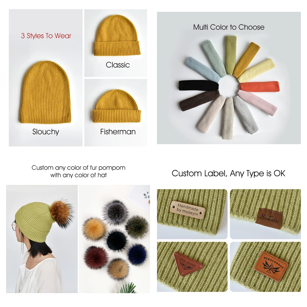 Wholesale Beige Winter Custom Fleece Lining Cuffed Ribbed Crochet Adult Knitted Beanie Hats with POM POM