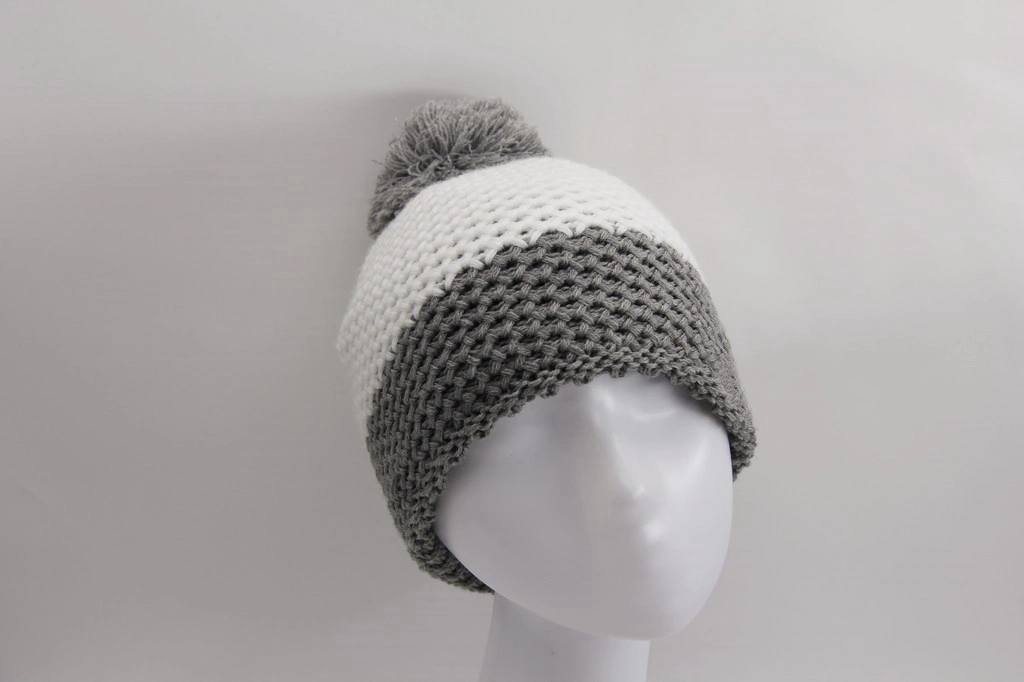 Grey and White Acrylic Knitted Hat with Yarn Pompon